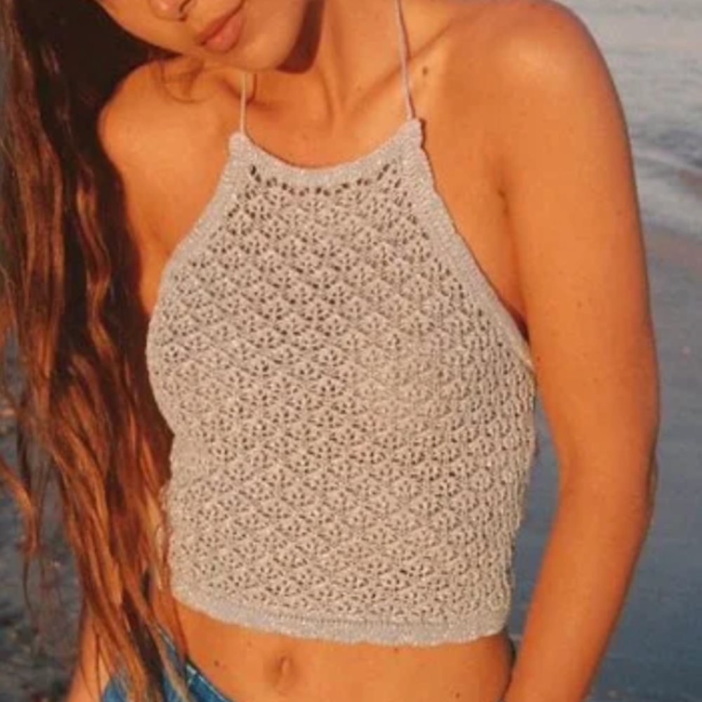 zara metallic silver-nude halter top